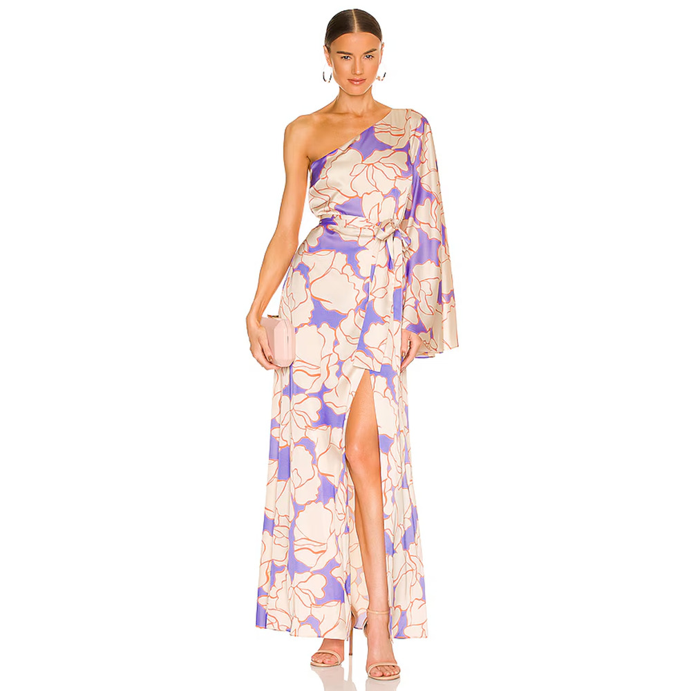 Alexis Leonette Satin Asymmetric One Shoulder Floral Maxi Dress Cream Purple L